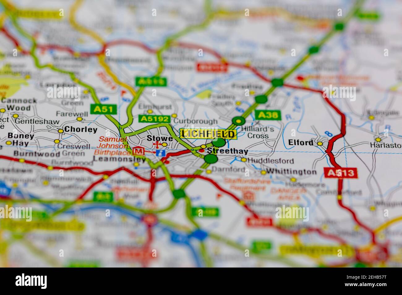 Lichfield e le aree circostanti visualizzate su una mappa stradale o ...