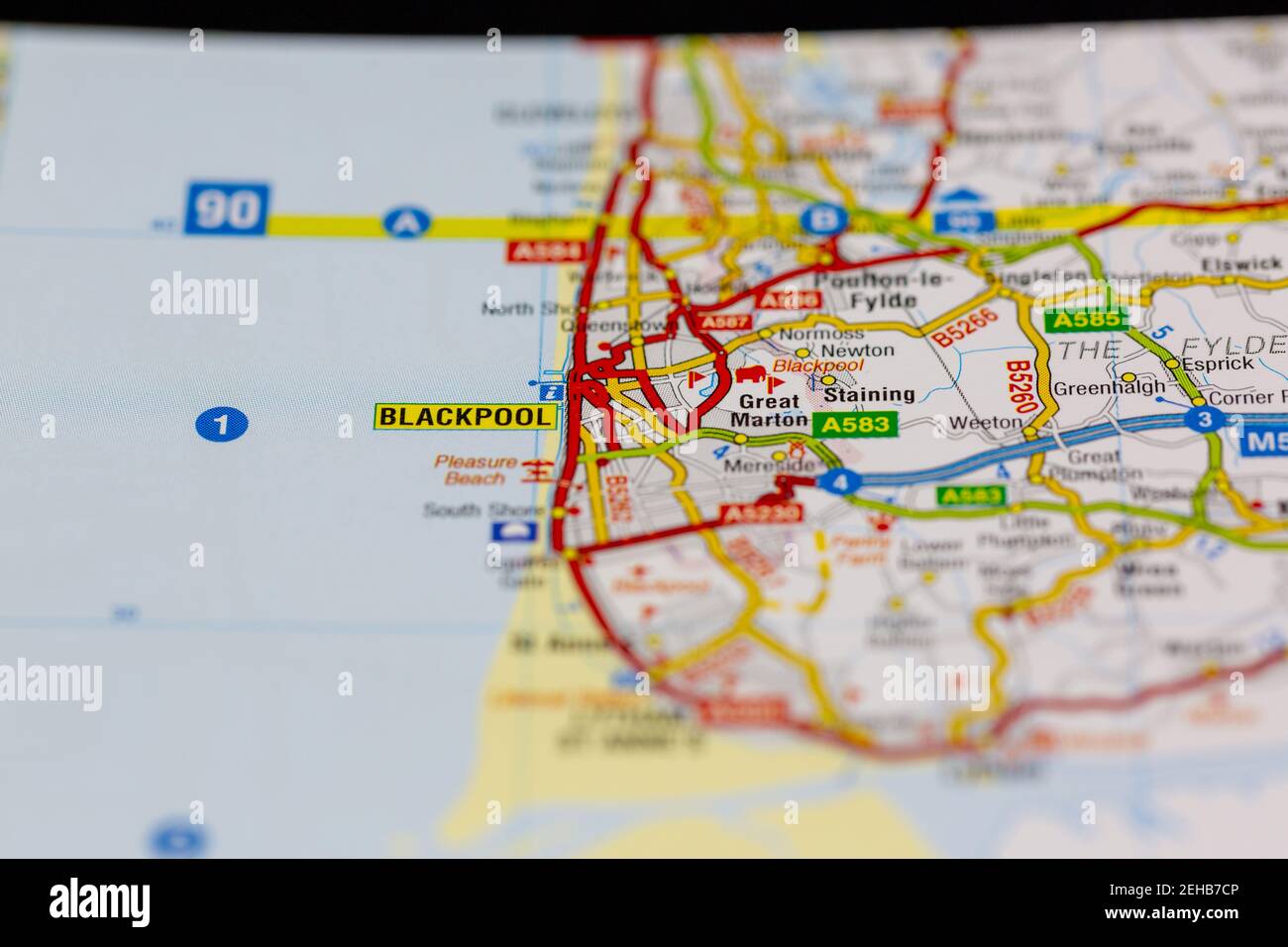 Blackpool e le aree circostanti mostrate su una mappa stradale o. Mappa geografica Foto Stock