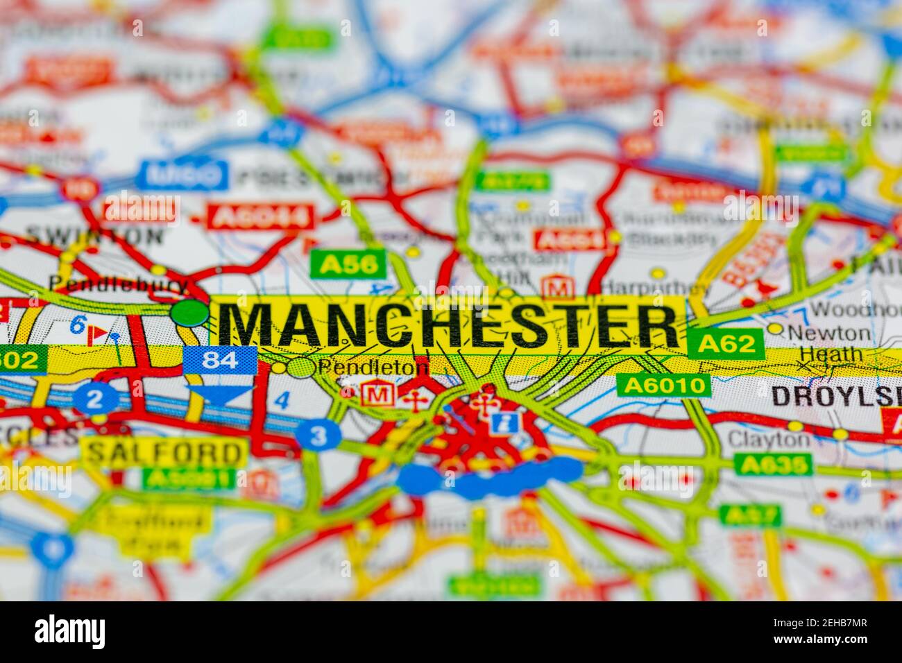 Manchester e le aree circostanti sono mostrate su una mappa stradale o. Mappa geografica Foto Stock