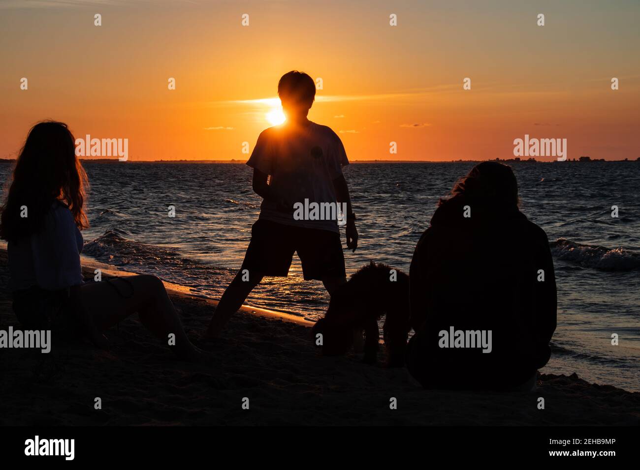 godendo il tramonto bello mentre gioca con un cane sopra la spiaggia del mar baltico Foto Stock