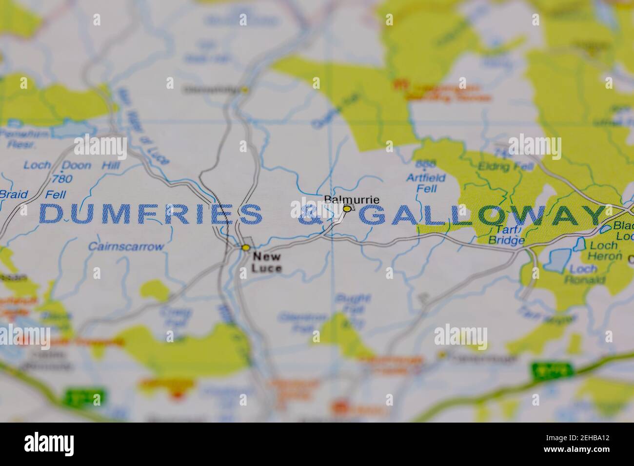 Dumfries e Galloway e le aree circostanti mostrate su una strada mappa o mappa geografica Foto Stock