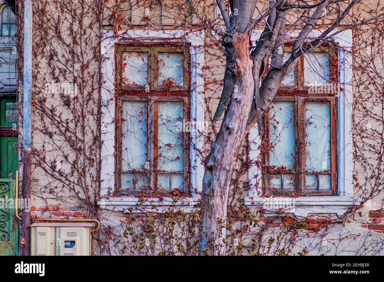 Finestre e facciata di una casa abbandonata a Craiova, Romania, UE Foto  stock - Alamy