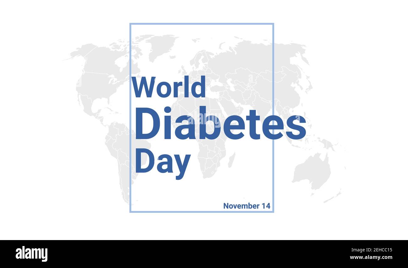 Carta vacanze internazionale Giornata mondiale del diabete. Poster grafico di novembre 14 con mappa del globo terrestre, testo blu. Banner dal design piatto. Vetto esente da royalty Illustrazione Vettoriale