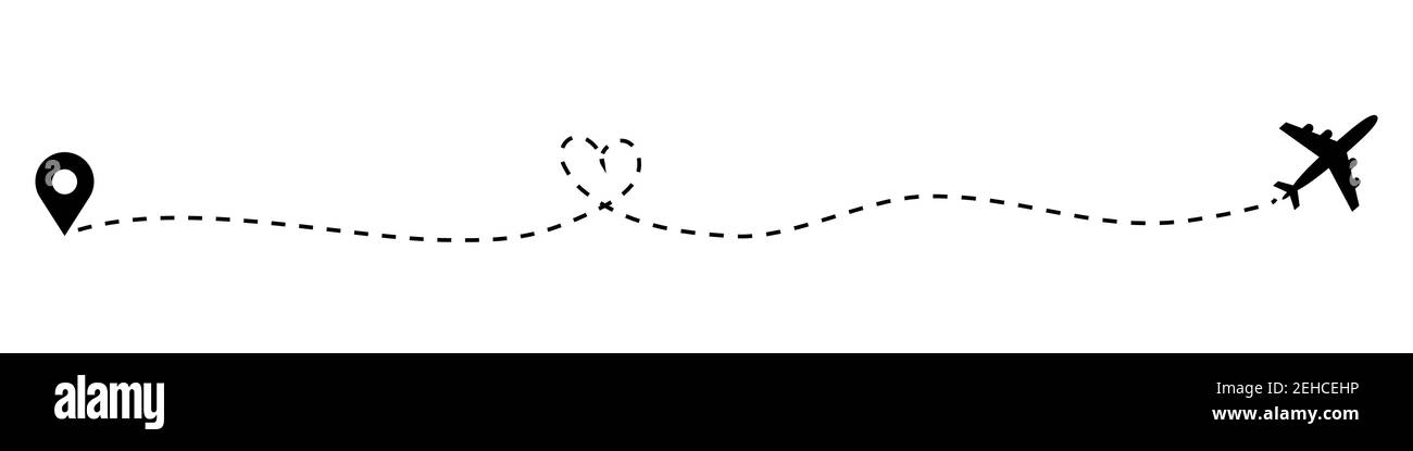 Percorso aereo cuore. Icona piano e traccia su sfondo bianco. Illustrazione vettoriale. Illustrazione Vettoriale