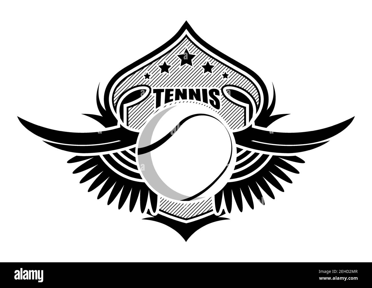 palla sportiva sullo sfondo di scudo stilizzato con ali. Emblemi sportivi del tennis. Simbolo del torneo. Vettore Illustrazione Vettoriale