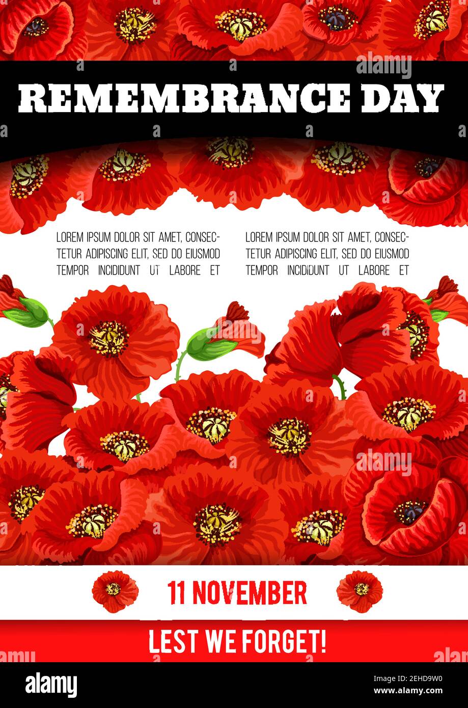11 novembre ricordo giorno poster dei fiori di papavero e Lest  dimentichiamo il design. Vector red poppies biglietto d'auguri per la  memoria armistice del Commonwealth Immagine e Vettoriale - Alamy
