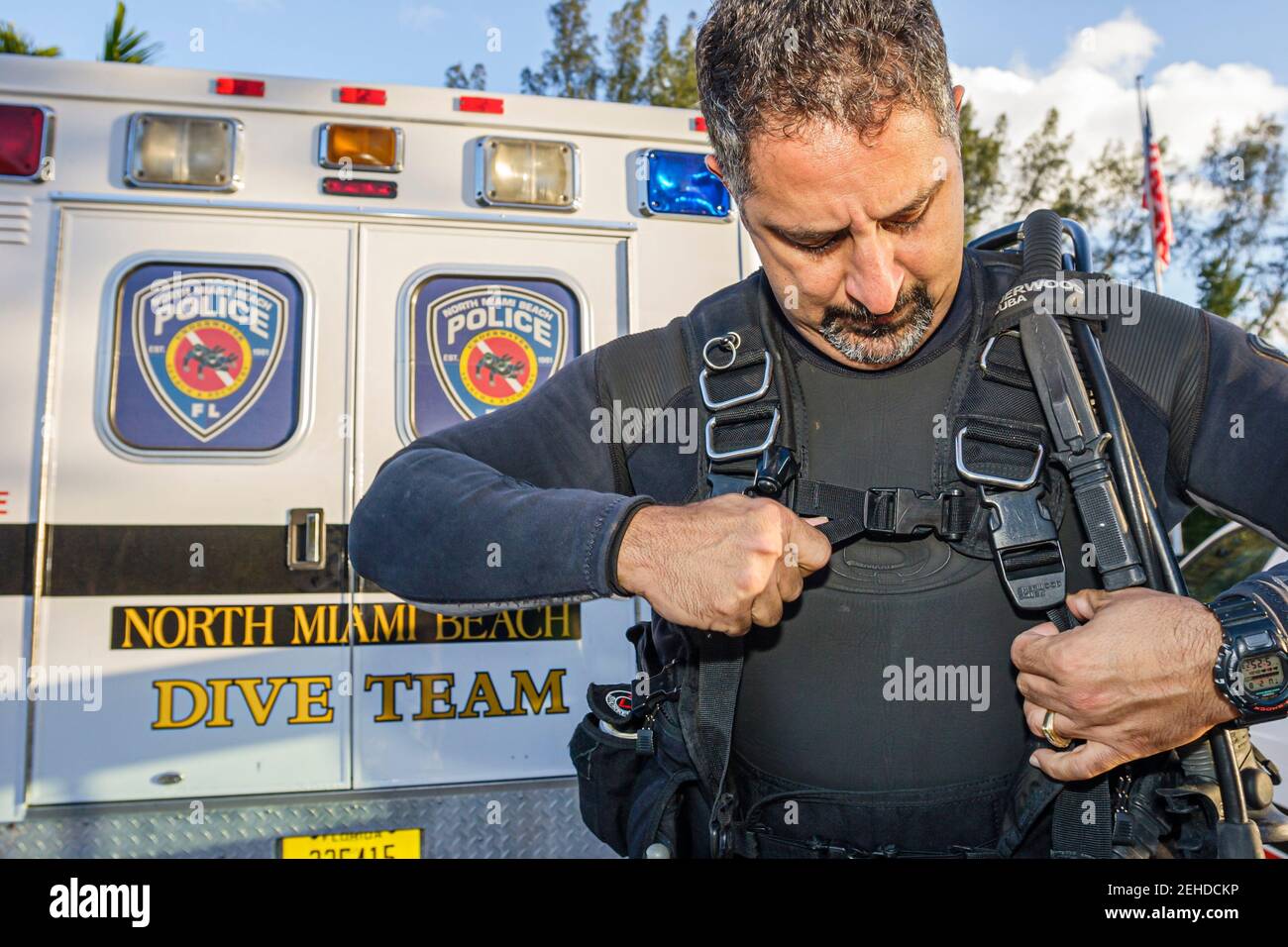 North Miami Beach Florida, Dipartimento di polizia, membro della squadra di immersioni attrezzature per immersioni, Foto Stock