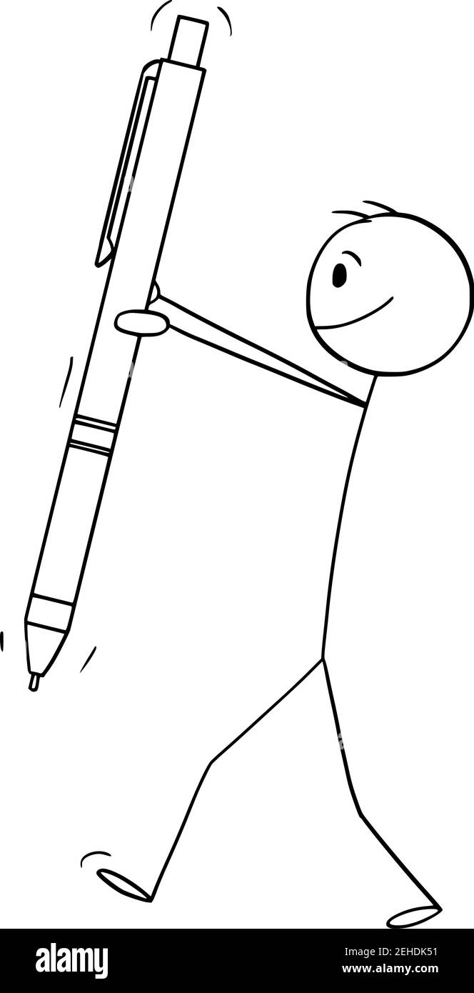 Uomo d'affari o uomo che tiene penna, business o cartone animato ufficio, figura di bastone vettore o illustrazione di carattere. Illustrazione Vettoriale