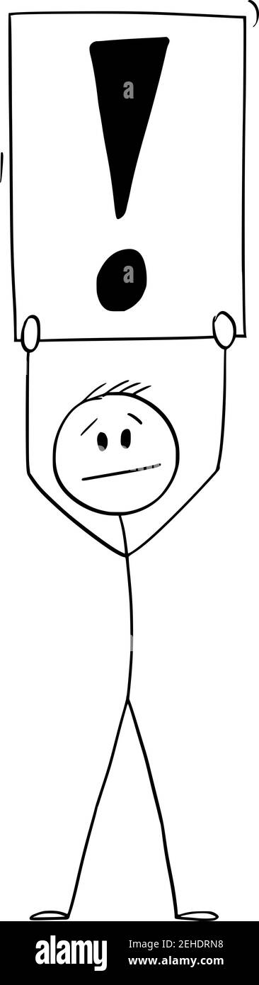 Uomo d'affari o uomo che tiene il segno del punto esclamativo, la figura del cartoon vettore o l'illustrazione del carattere. Illustrazione Vettoriale