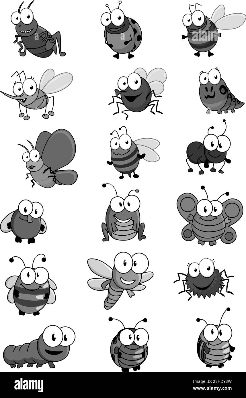 Insetti o insetti icone di cartoni animati isolati. Cricket o gracshopper, bumblebee ape o vespa di cornetto, ladybug o ladybird. Insieme vettoriale di mosca o di butte zanzara Illustrazione Vettoriale