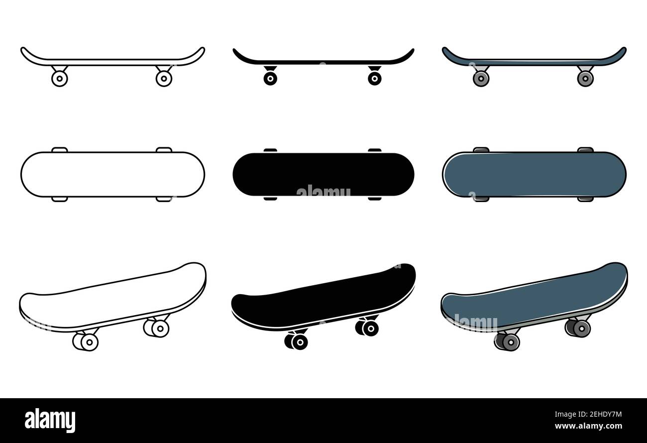 Set vettoriale di skateboard. Sport estremo della gioventù. Linea d'arte e stile semplice. Illustrazione Vettoriale