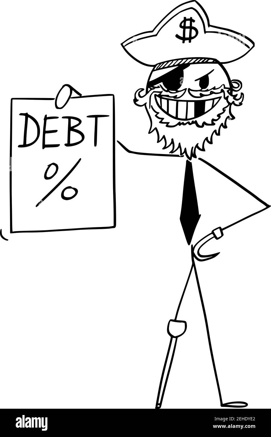 Uomo d'affari pirata con nota promisoria, concetto di debito o di prestito, figura del cartoon vettore o illustrazione del carattere. Illustrazione Vettoriale