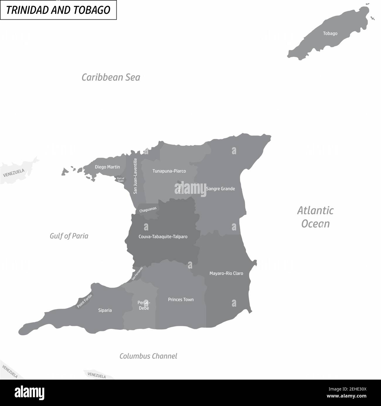 La mappa della scala dei grigi di Trinidad e Tobago divisa in aree amministrative con etichette Illustrazione Vettoriale