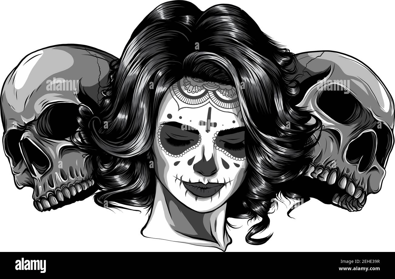 Ragazza morta con due teschi di zucchero. Illustrazione Vettoriale