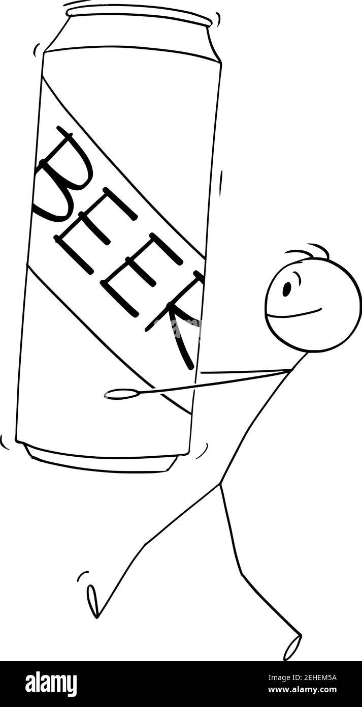 Uomo che porta la birra grande può, cartoon vettore bastone figura o illustrazione del carattere. Illustrazione Vettoriale