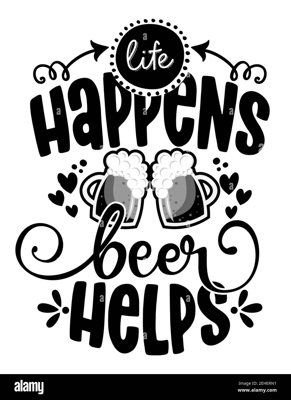 La vita accade, il vino aiuta - il disegno per t-shirt, le schede, la decorazione della parete del negozio del pub o del ristorante. Penna a pennello dipinta a mano Calligraphy moderna isolato su w Illustrazione Vettoriale