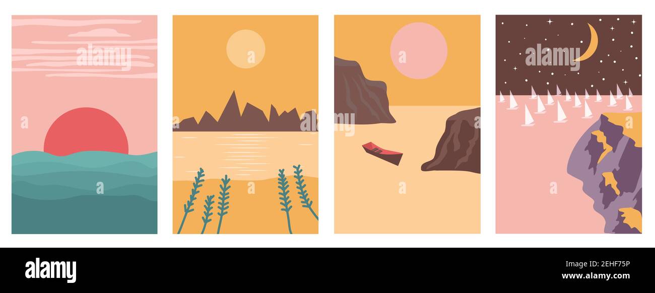 Quattro Paesaggi ambientato in boho illustrazione vettoriale stile minimale Illustrazione Vettoriale