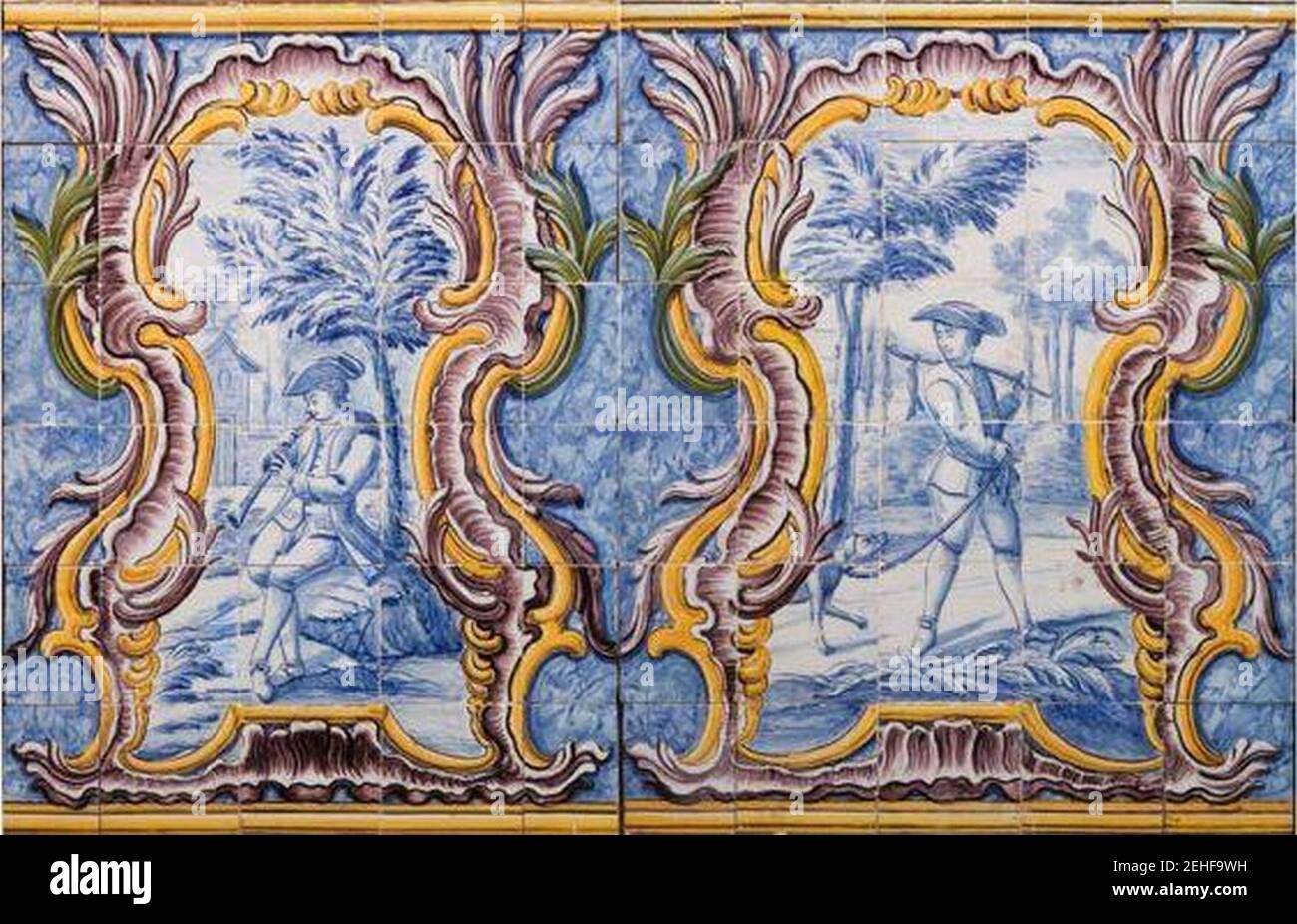 Painéis de azulejos com Músico e Caçador. Foto Stock