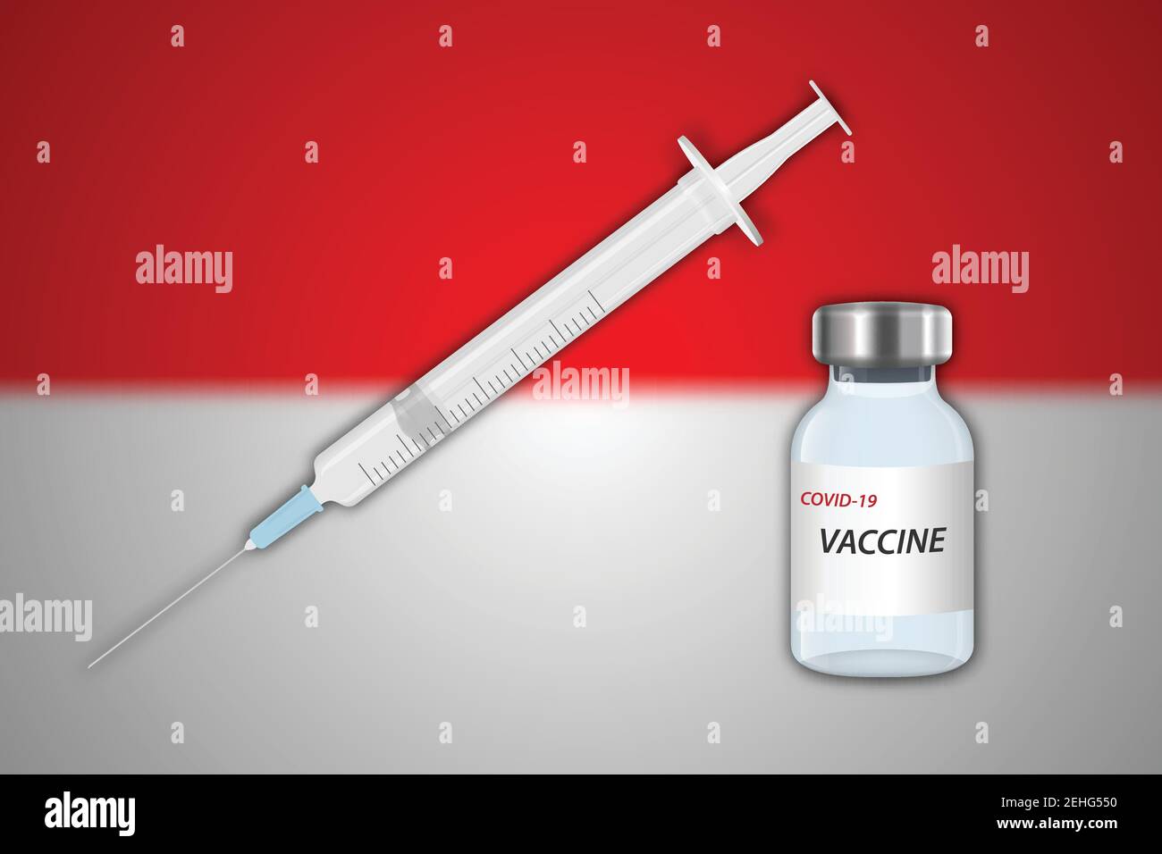 Siringa e flaconcino di vaccino su sfondo sfocato con bandiera Indonesia, modello per banner di vaccinazione Illustrazione Vettoriale