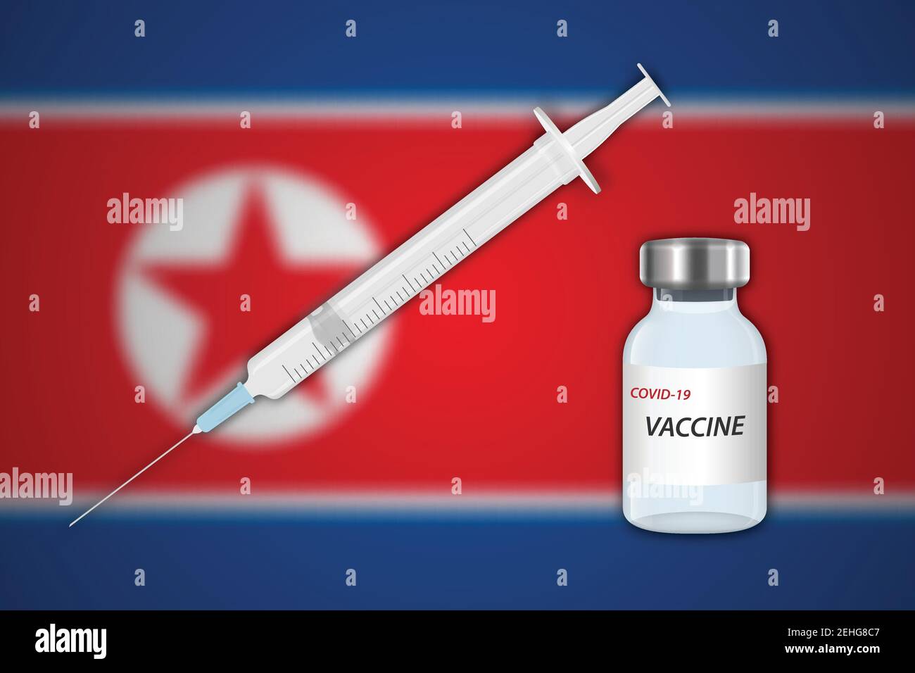 Siringa e flaconcino di vaccino su sfondo sfocato con allarme Corea del Nord, modello per banner di vaccinazione Illustrazione Vettoriale