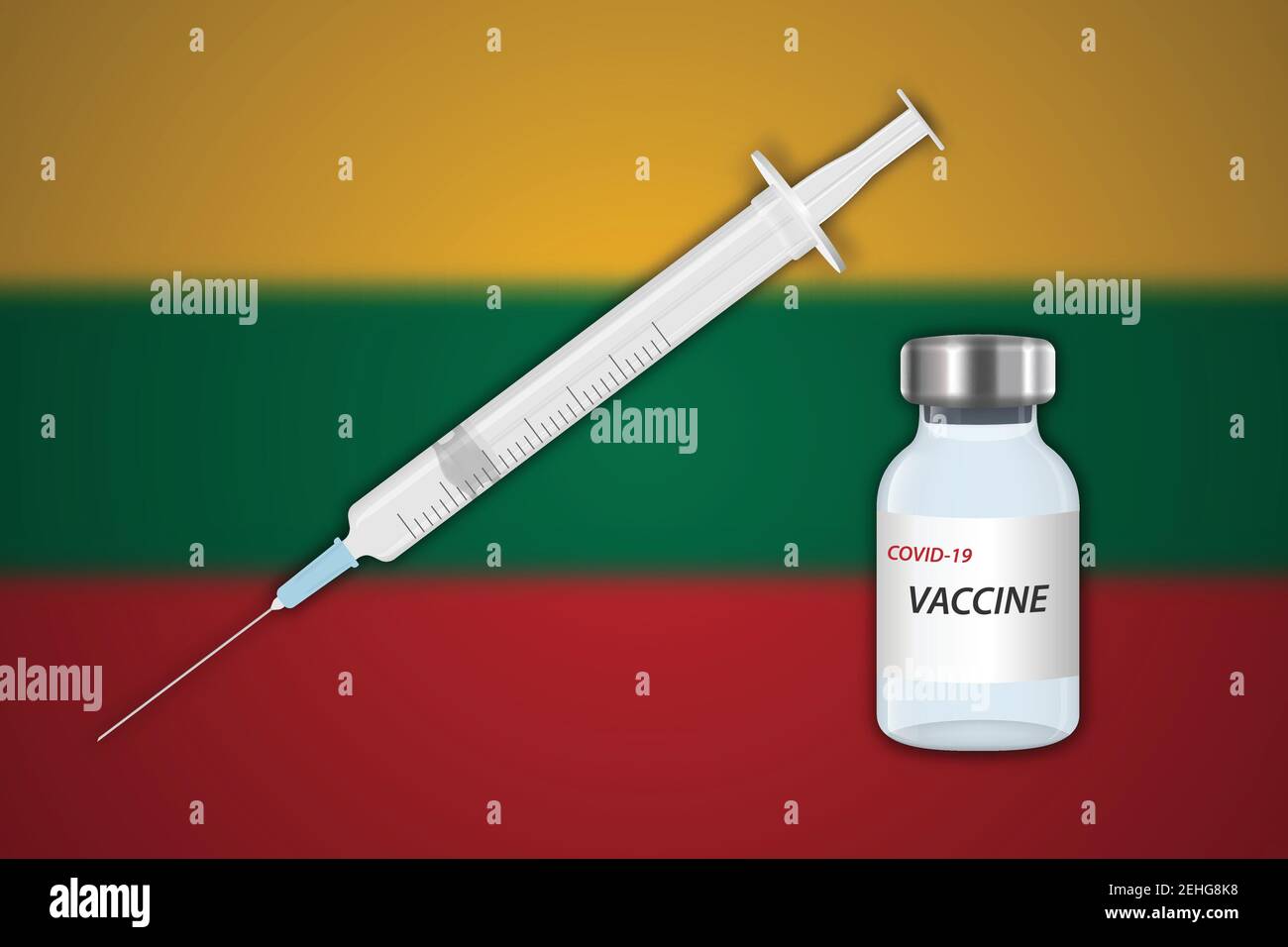 Siringa e flaconcino di vaccino su sfondo sfocato con bandiera Lituania, modello per banner di vaccinazione Illustrazione Vettoriale