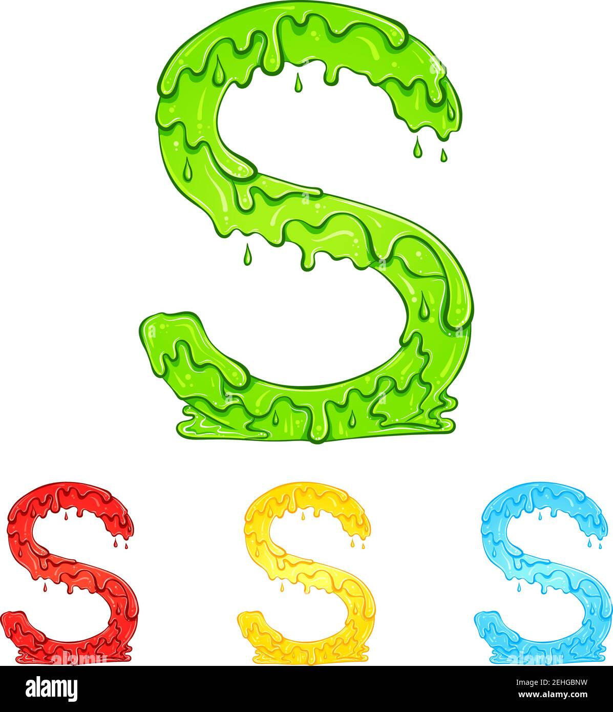 Lettera S con gocce di flusso e schizzi di goo. Illustrazione a colori dei simboli in quattro colori: Verde, rosso, giallo, blu. Gocciolamento di liquido. Font vettoriale nello stile disegnato a mano isolato su sfondo bianco. Illustrazione Vettoriale