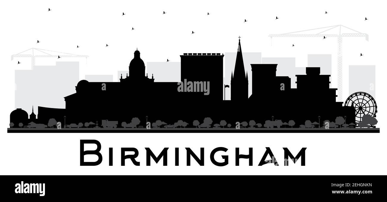 Silhouette Skyline di Birmingham UK City con edifici neri isolati su bianco. Illustrazione vettoriale. Il paesaggio urbano di Birmingham con i punti di riferimento. Illustrazione Vettoriale