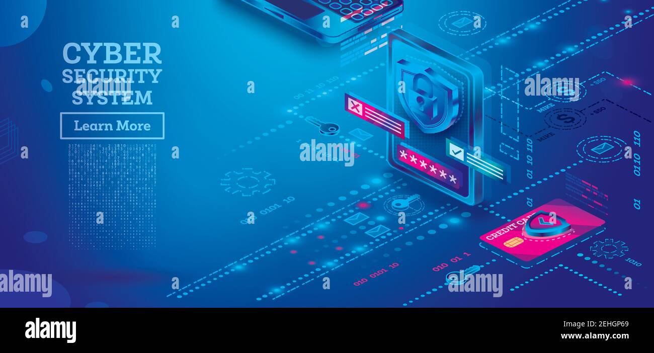 Descrivere il concetto di sicurezza informatica con Tablet computer. Illustrazione isometrica in colori blu. Concetto di protezione dei dati. Controllo carta di credito e software. Illustrazione Vettoriale