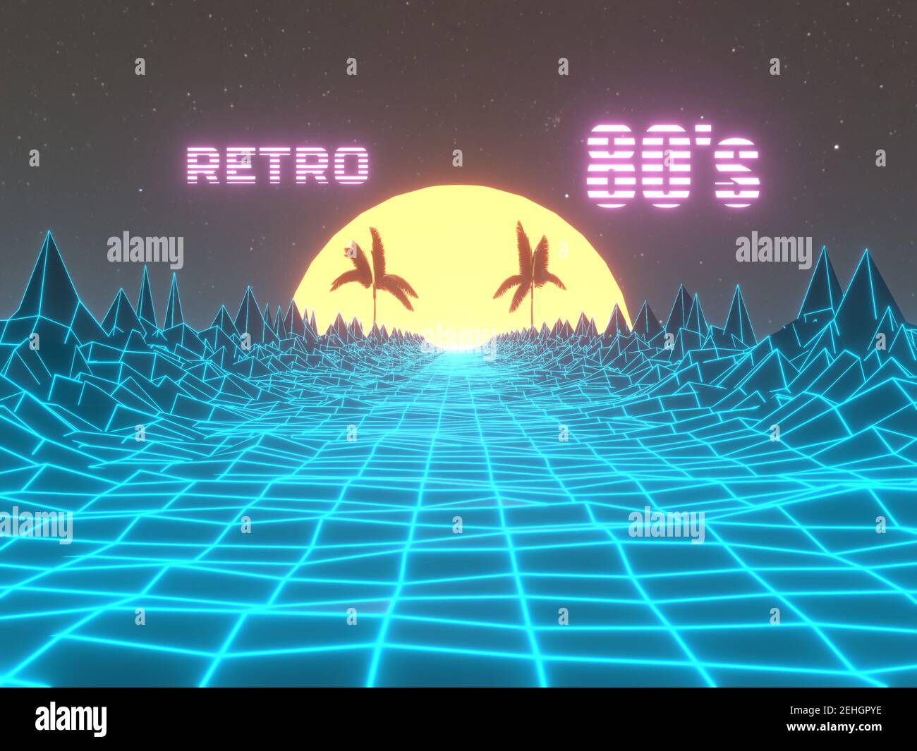 Sfondo astratto degli anni '80 digitali. Retrò danza party background. Cyber paesaggio futuristico. Immagini di rendering 3D Foto Stock