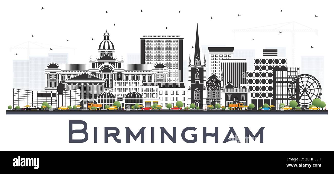 Birmingham UK City Skyline con edifici a colori isolati su bianco. Illustrazione vettoriale. Il paesaggio urbano di Birmingham con i punti di riferimento. Illustrazione Vettoriale