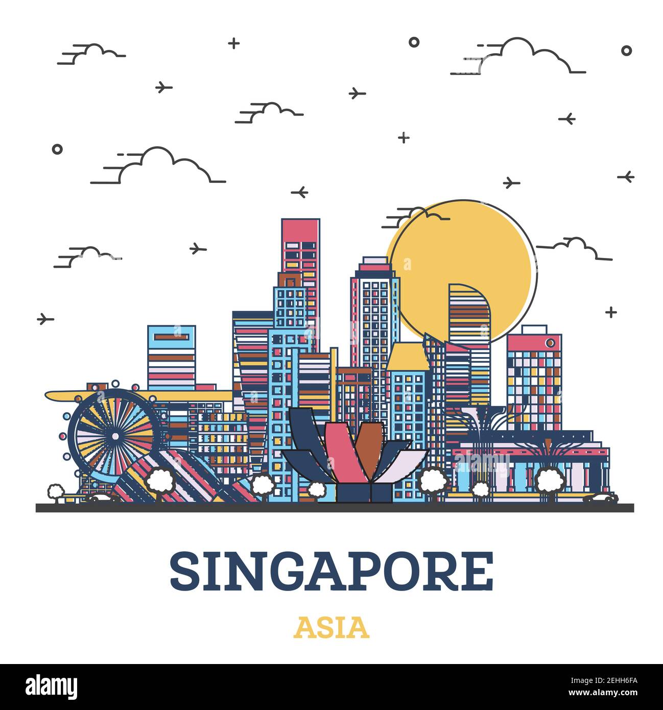 Profilo Singapore City Skyline con edifici colorati e moderni isolati in bianco. Illustrazione vettoriale. Paesaggio urbano di Singapore con punti di riferimento. Illustrazione Vettoriale