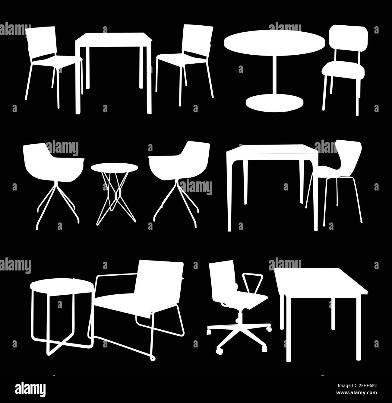Set di mobili. Tavoli e sedie. Silhouette vettoriale Illustrazione Vettoriale