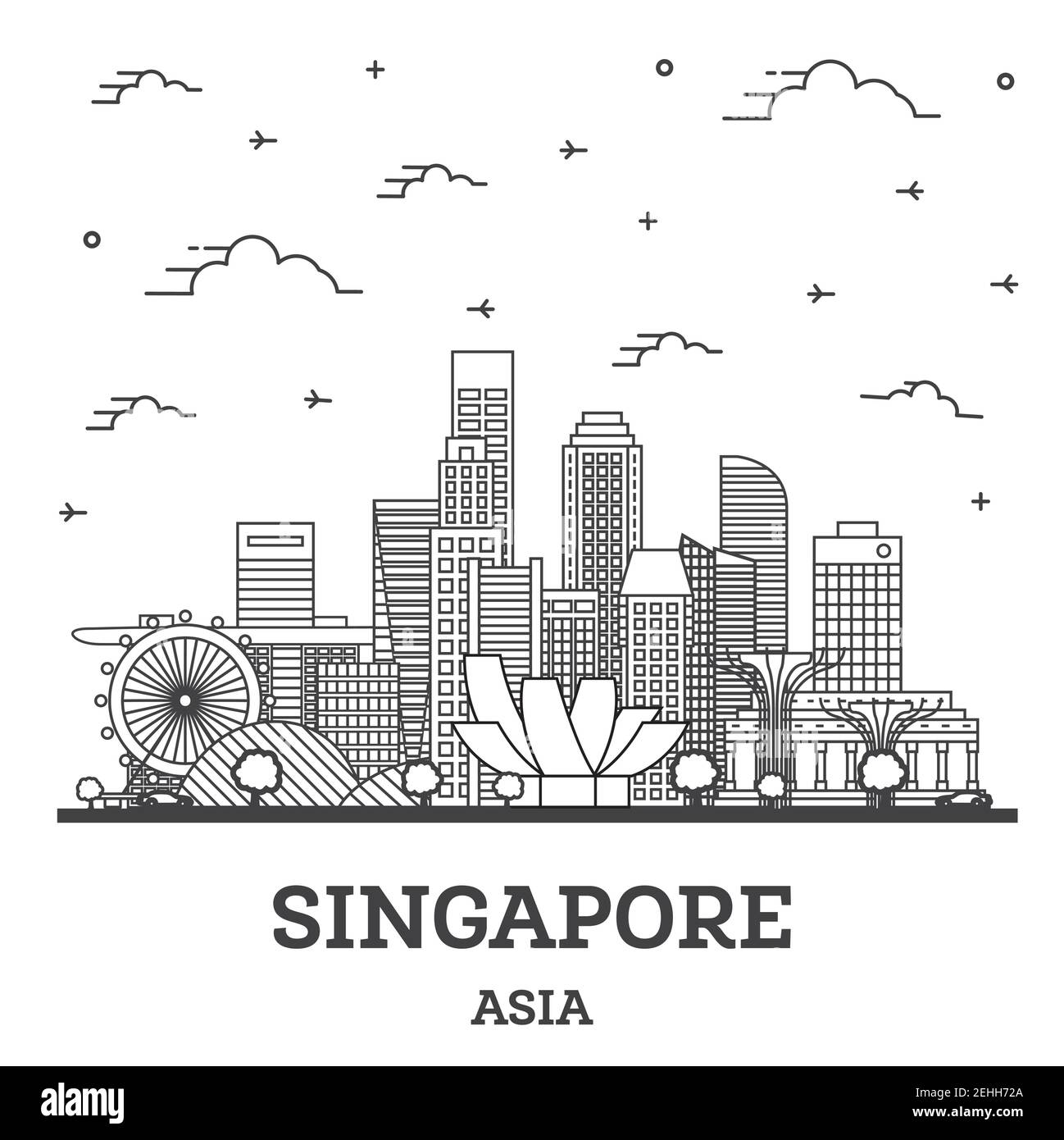 Delineare Singapore skyline della città con moderni edifici isolati su bianco. Illustrazione Vettoriale. Singapore Cityscape con punti di riferimento. Illustrazione Vettoriale