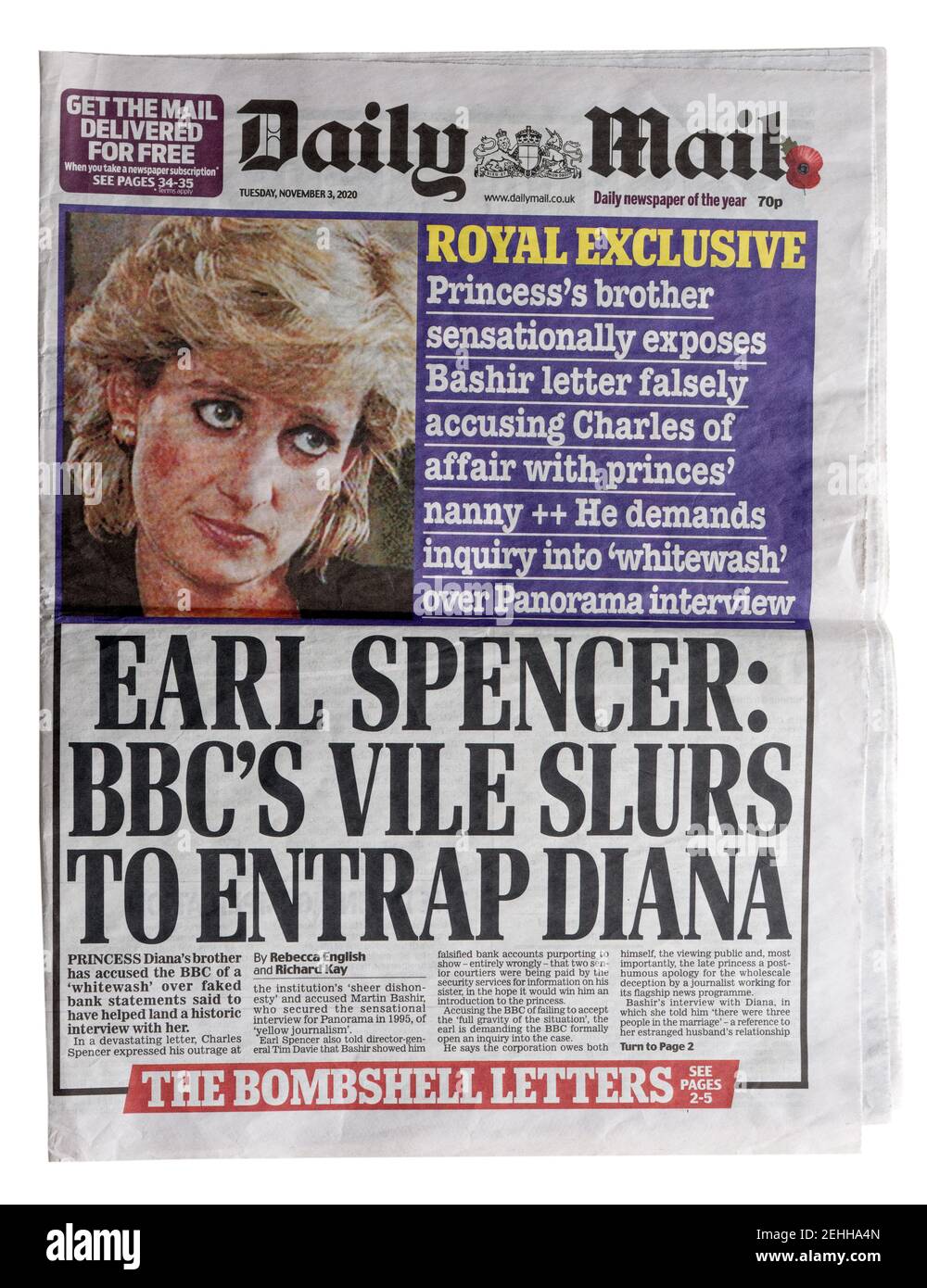 La prima pagina del quotidiano Daily Mail con il Il titolo Vile della BBC si sbatte per intrappolare Diana sulla Diana Intervista panorama con Martin Bashir Foto Stock