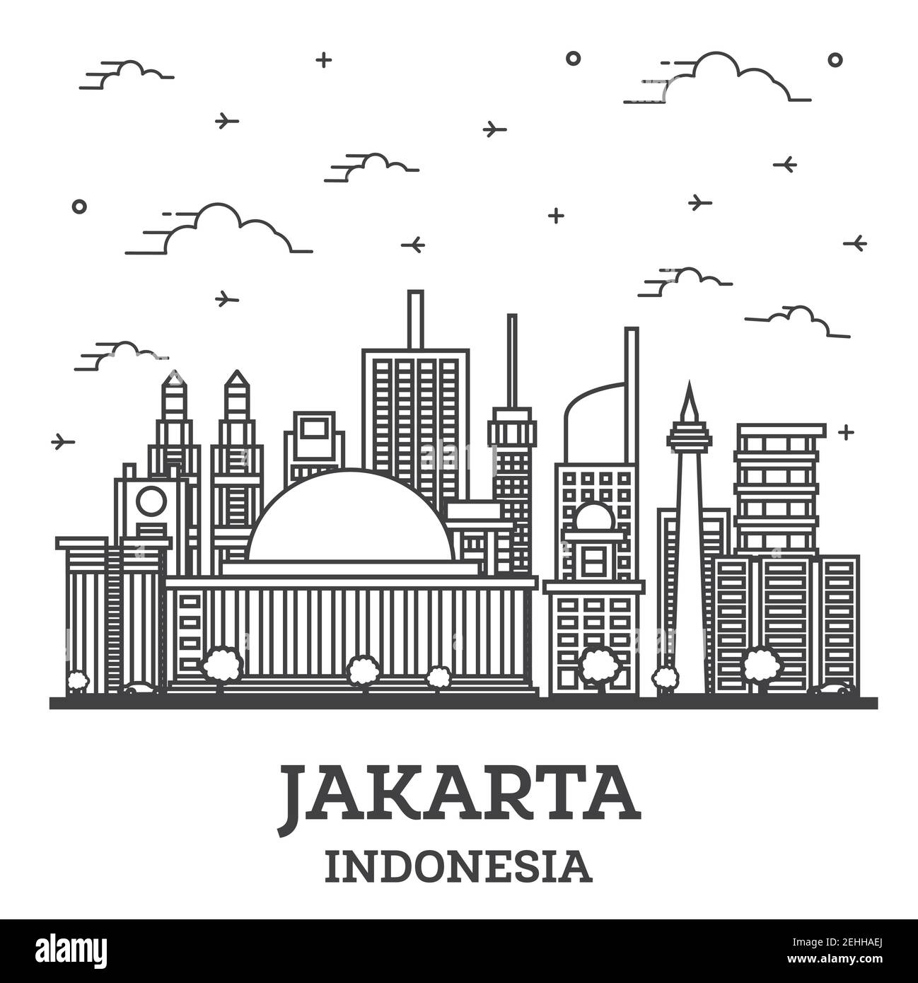 Outline Indonesia Jakarta skyline della città con moderni edifici isolati su bianco. Illustrazione Vettoriale. Jakarta Cityscape con punti di riferimento. Illustrazione Vettoriale