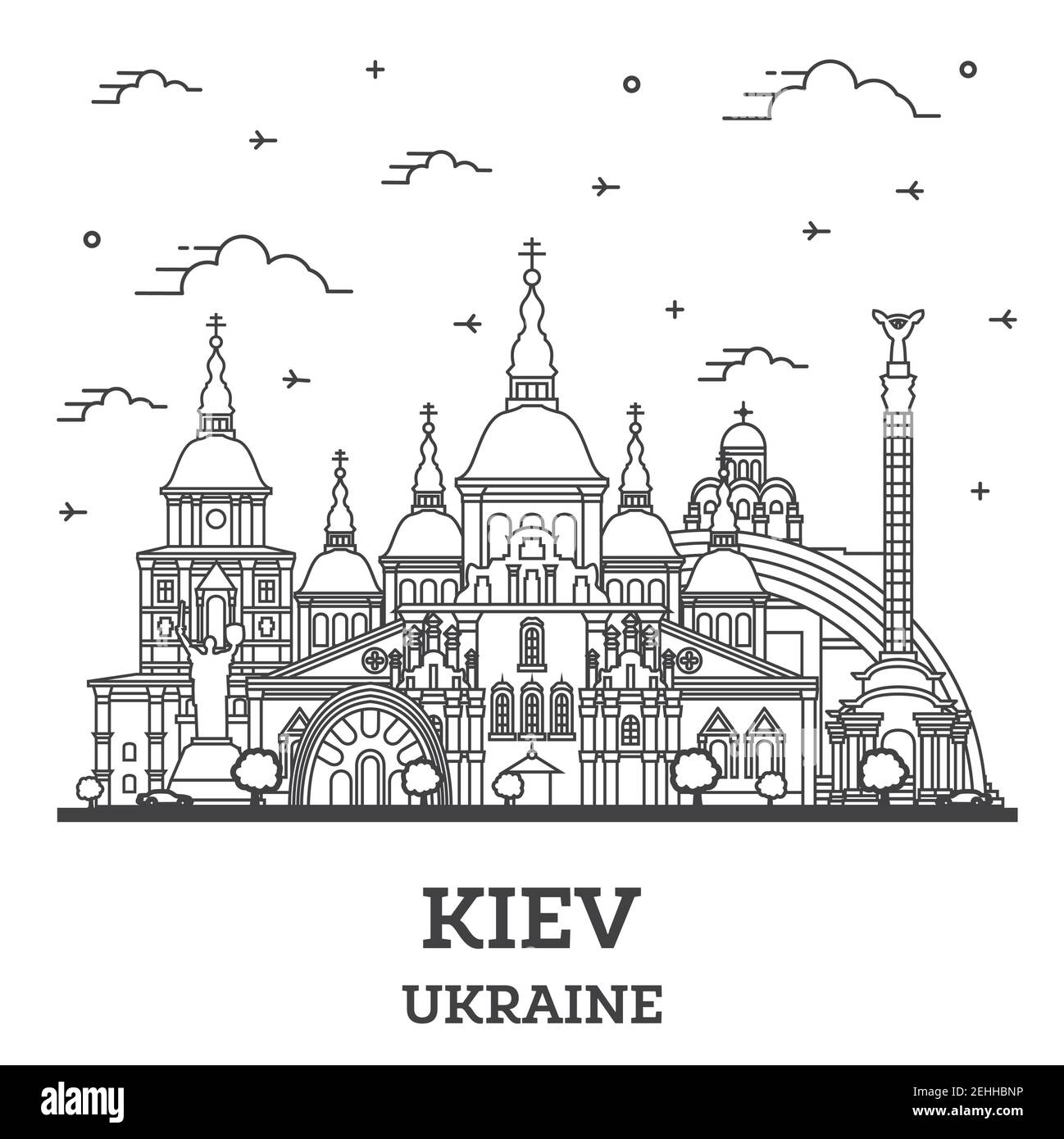 Profilo Kiev Ucraina Città Skyline con edifici storici isolati su bianco. Illustrazione vettoriale. Il paesaggio urbano di Kiev con i punti di riferimento. Illustrazione Vettoriale