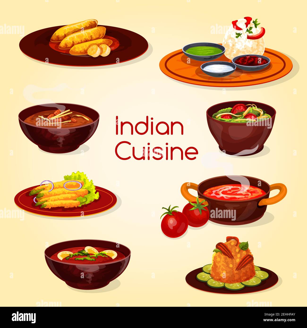 Il ristorante di cucina indiana serve piatti e dessert. Chutney verde con riso, zuppa di curry e stufato di pollo con spinaci, peperoncino fritto e banana, pomodoro Illustrazione Vettoriale