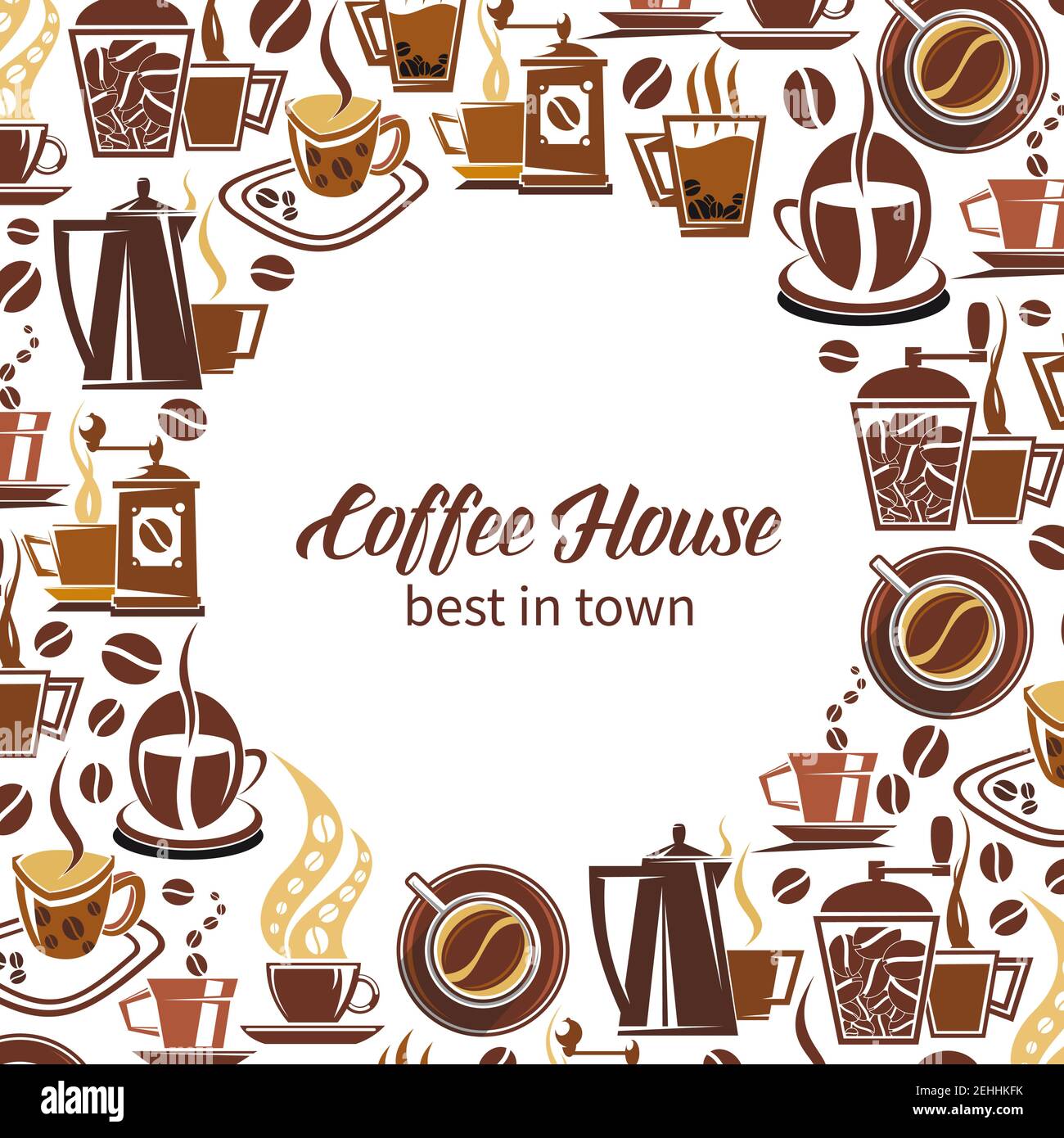 Poster Coffeehuse di macchine per il caffè, tazze e fagioli. Disegno vettoriale di espresso, americano o cappuccino e tazza di cioccolata calda per caffè o caffetteria e. Illustrazione Vettoriale