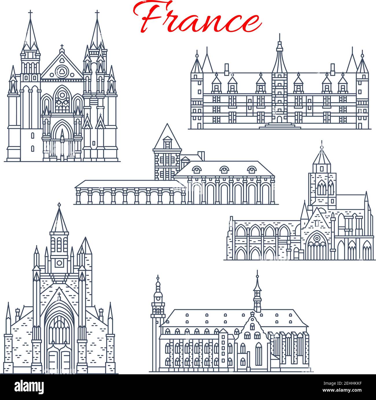 Monumenti architettonici francesi e famosi edifici storici icone sottili. Facciate vettoriali Set della cattedrale di Saint Auban a Guerande e Etienne in CA Illustrazione Vettoriale