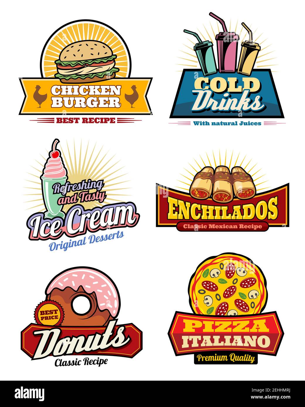 Icone di fast food per il cinema bistrot bar o fast food ristorante menu spuntini. Set vettoriale di hamburger di pollo, bevande fredde o gelati e ench messicano Illustrazione Vettoriale