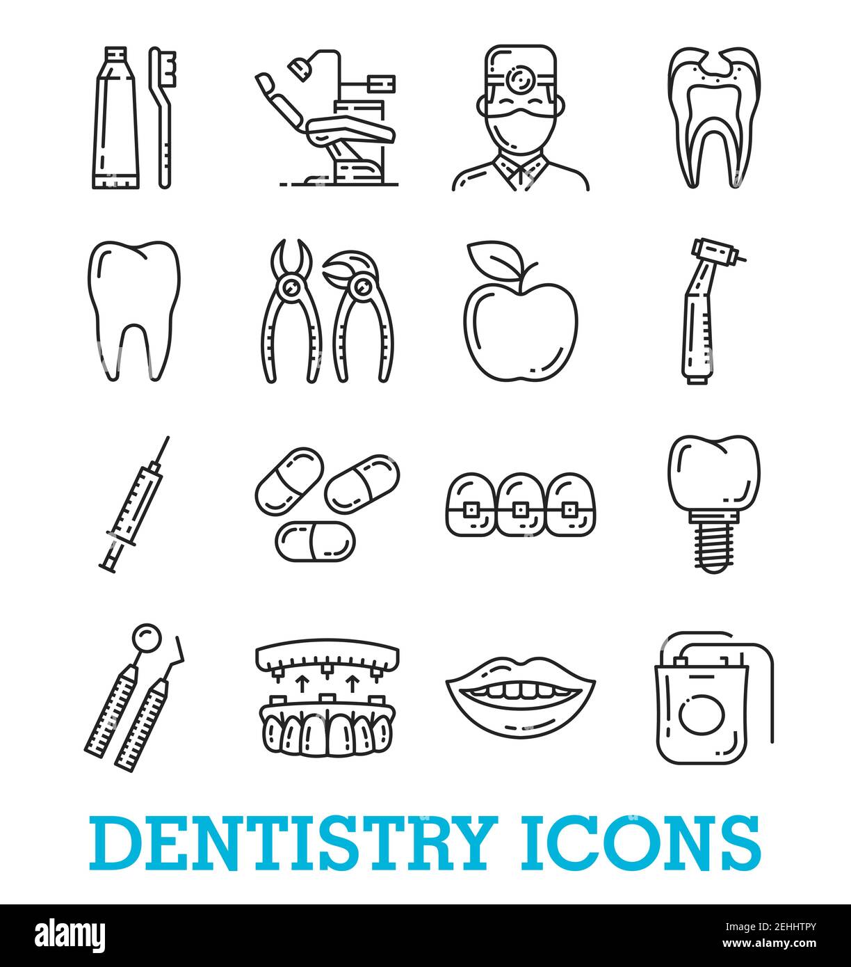 Odontoiatria medica sottile linea icone d'arte. Serie vettoriale di trapano dentale per denti, bretelle e impianti o pinze con sedia ortodontica e medico o infermiere; Illustrazione Vettoriale
