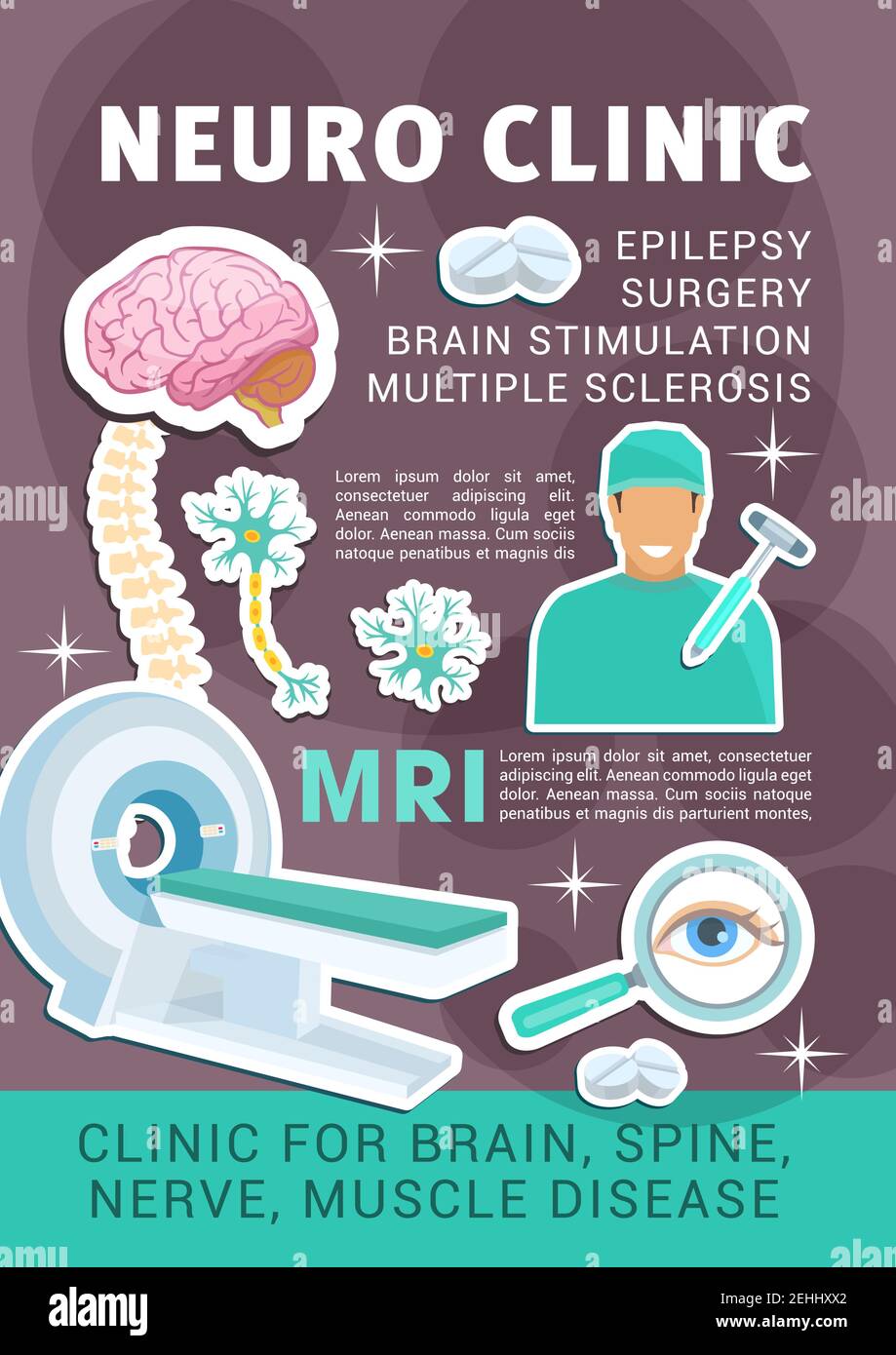 Poster di neurologia clinica per chirurgia, epilessia e sclerosi. Disegno vettoriale di tomografia cerebrale o MRI scanner, articolazioni della colonna vertebrale nervi A. Illustrazione Vettoriale