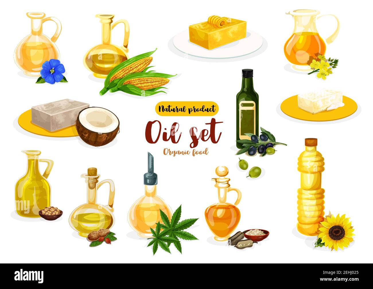 Poster di olio naturale e burro con prodotti vegetariani e latticini.  Bottiglia di olio, mattoni di burro e margarina con oliva, cocco e mais,  girasole Immagine e Vettoriale - Alamy