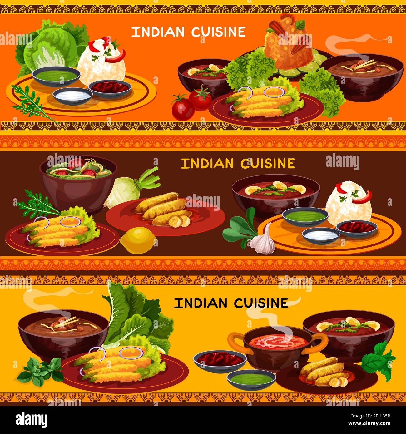 Banner del menu del ristorante di cucina Indiana con piatti thali. Riso con chutney verde, yogurt e salsa al peperoncino, zuppa di curry e verdure, riso di maiale, spinaci c Illustrazione Vettoriale