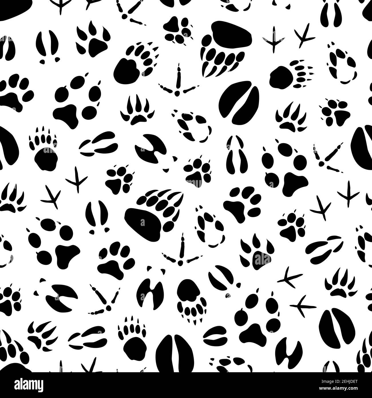 Percorso animale sfondo senza giunture di mammiferi selvatici e uccelli impronta. Orso, cane e lupo, tigre, cervo e porro, anatra, toro e pollo zampa e fo Illustrazione Vettoriale