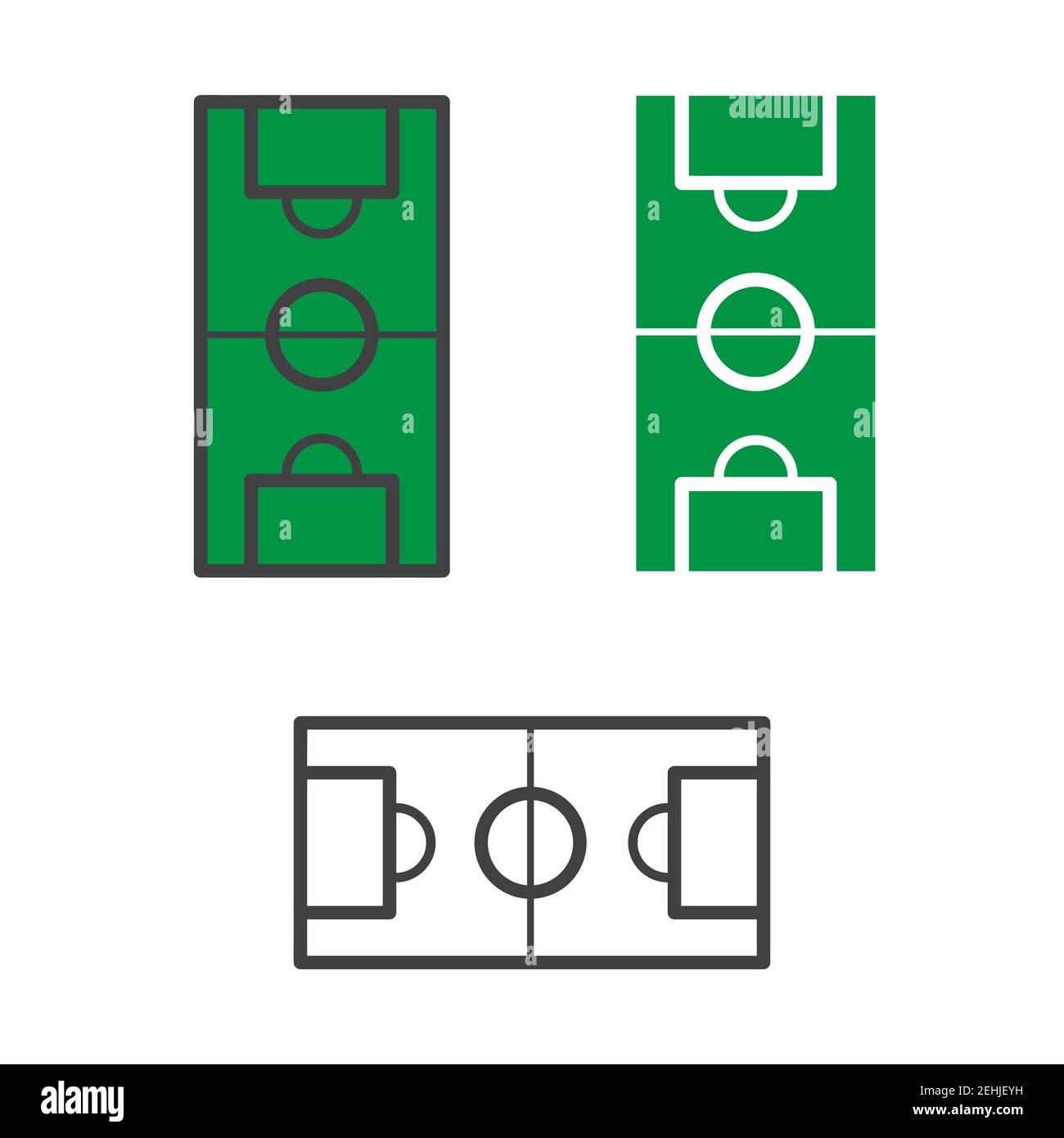 disegno di illustrazione del campo di calcio. campo di calcio con icona della sfera di calcio isolata su sfondo bianco. vettore pronto all'uso. Foto Stock