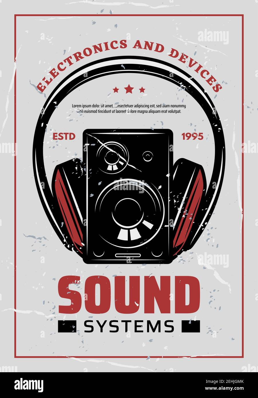 Poster retrò dei sistemi audio per dispositivi audio elettronici e negozi multimediali o officine di assistenza. Vector vintage design di CD-disk o MP3 playe Illustrazione Vettoriale