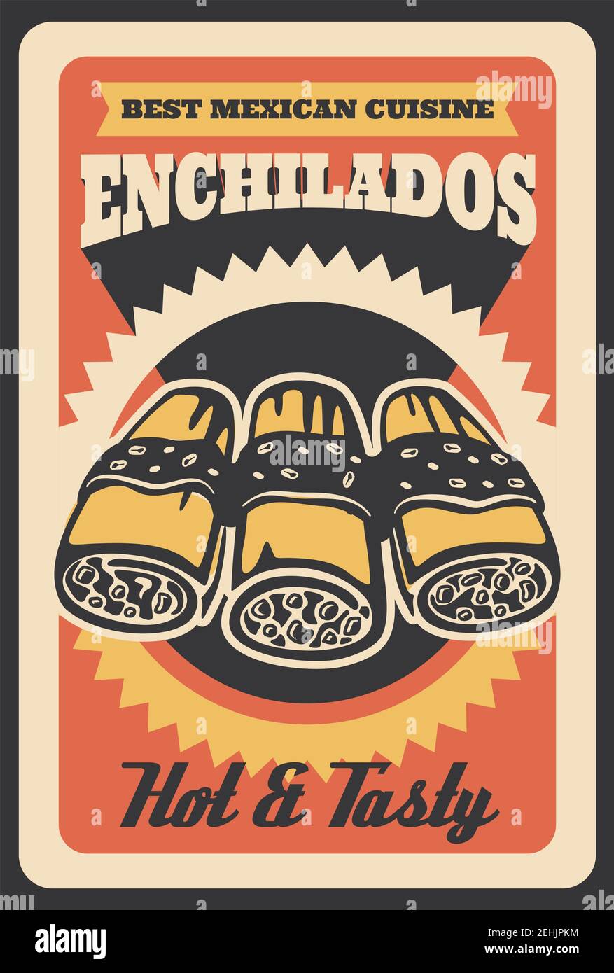 Poster messicano enchilados retro per fast food ristorante o cinema bistrot e caffè menu. Vector vintage design di burrito Met wrap sandwich con s caldo Illustrazione Vettoriale
