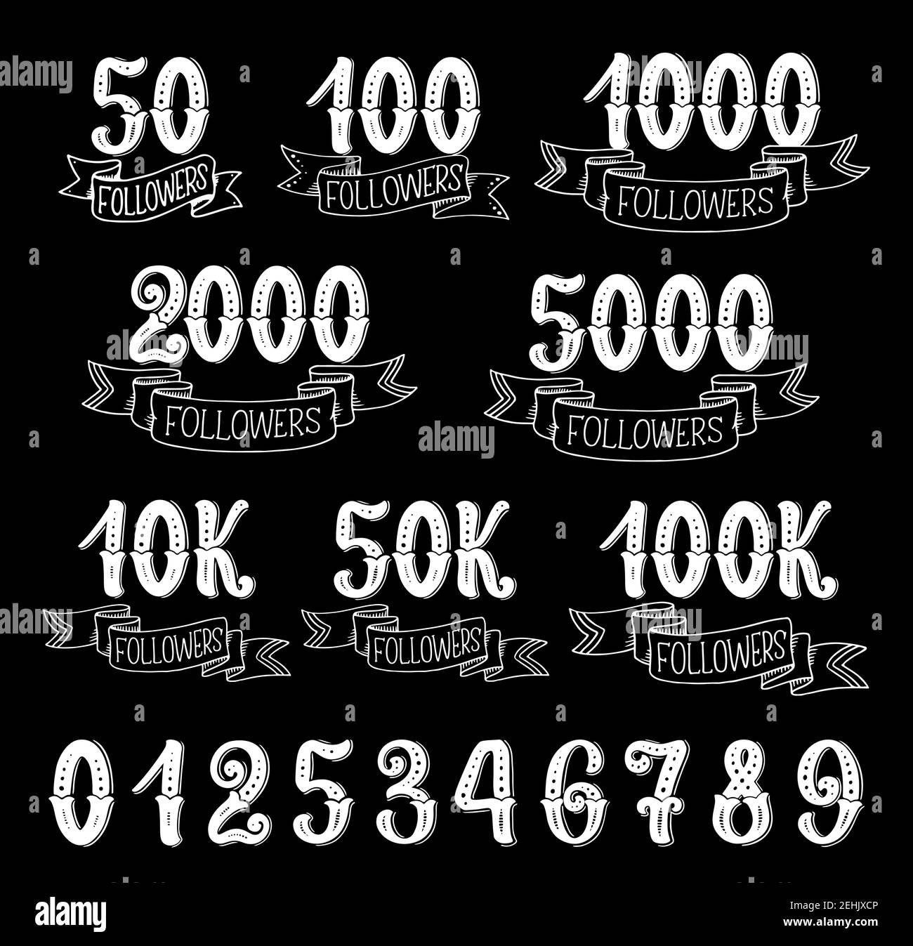 I follower controfoneggiano i simboli retrò su sfondo nero. Numero utente di social media web, network community follower, amico e abbonato grazie carte w Illustrazione Vettoriale