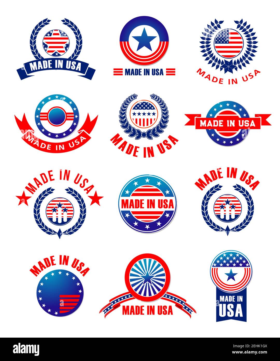 Icone, etichette e nastri Made in USA di alta qualità. Insieme di etichette di prodotto isolate vettoriali per la garanzia originale americana delle stelle di bandiera americane e st Illustrazione Vettoriale